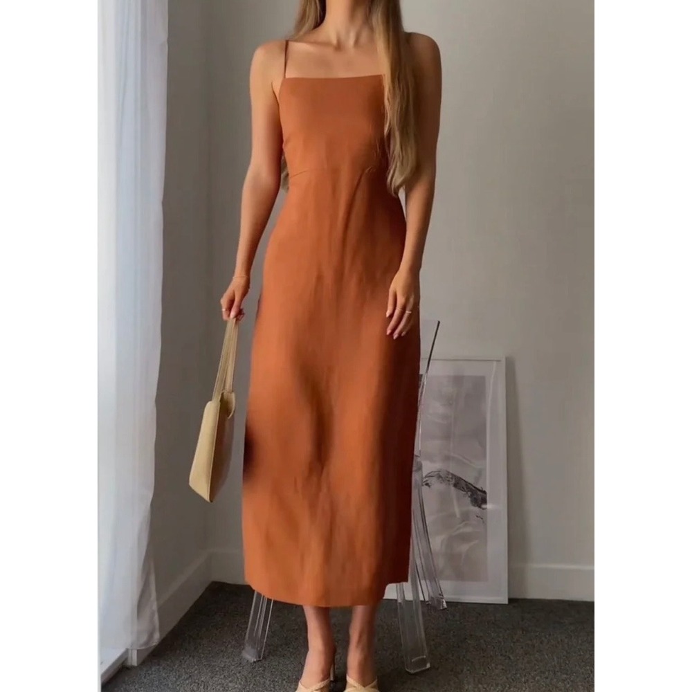 Zara Linen Blend Lace Up Back Midi Dress Large Burnt Orange Lyocell